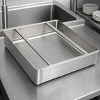 Thumbnail image #3 for Klinger's Trading SCB-2020 Stainless Steel Drain Basket, 19-1/2 x 19-1/2 x 5 Inches Deep, for Commercial Dish Tables