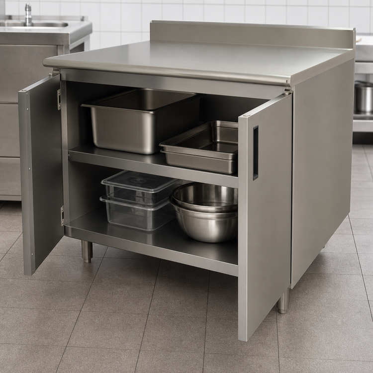 Product image #3 for Advance Tabco Special Value Series Economy Enclosed Work Table, 36 x 24 Inch, Cabinet Base, 16 Gauge 304 Stainless Steel Top, 5 Inch Backsplash