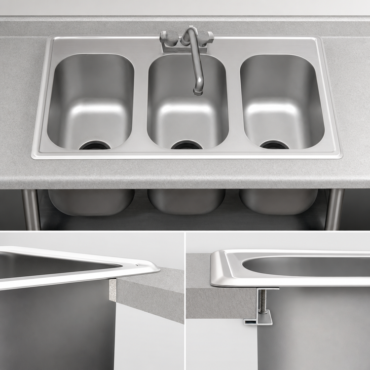 Product image #3 for Eagle Group Self-Rimming Three-Compartment Drop-In Sink, 42-3/4 Inch Wide, 12 x 14 x 9-1/2 Inch Bowls