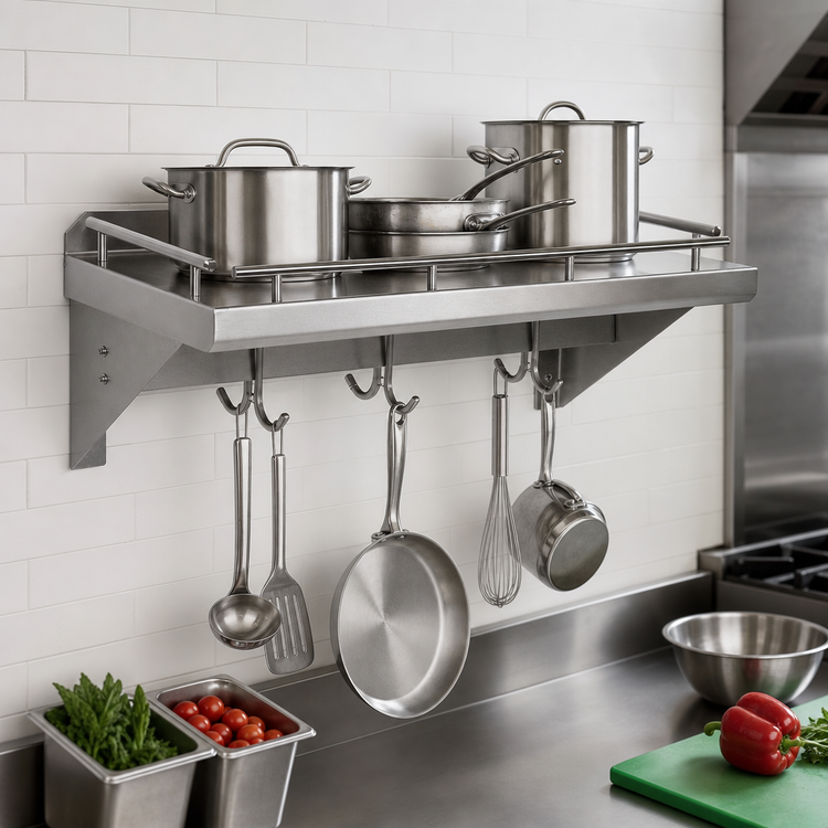 Product image #3 for John Boos Cucina Mensola Grande Wall-Mount Pot Rack Shelf with Utensil Bar and 5 Double Hooks, 48 x 12 Inch, Stainless Steel