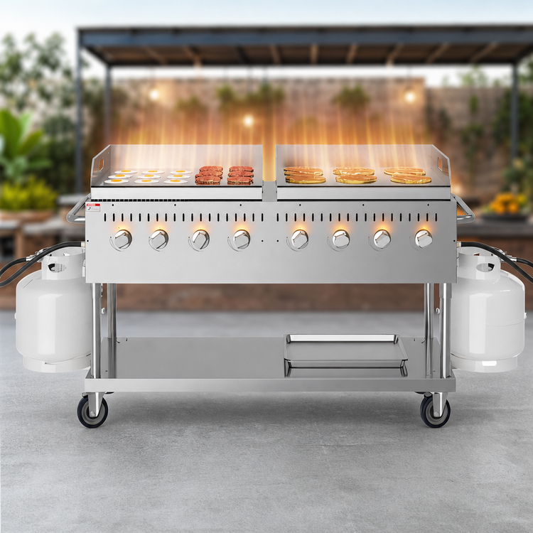 Product image #3 for KoolMore 60-Inch Mobile Outdoor Charbroiler Grill with 8 Burners, Dual 30-Inch Griddle Plates, Propane
