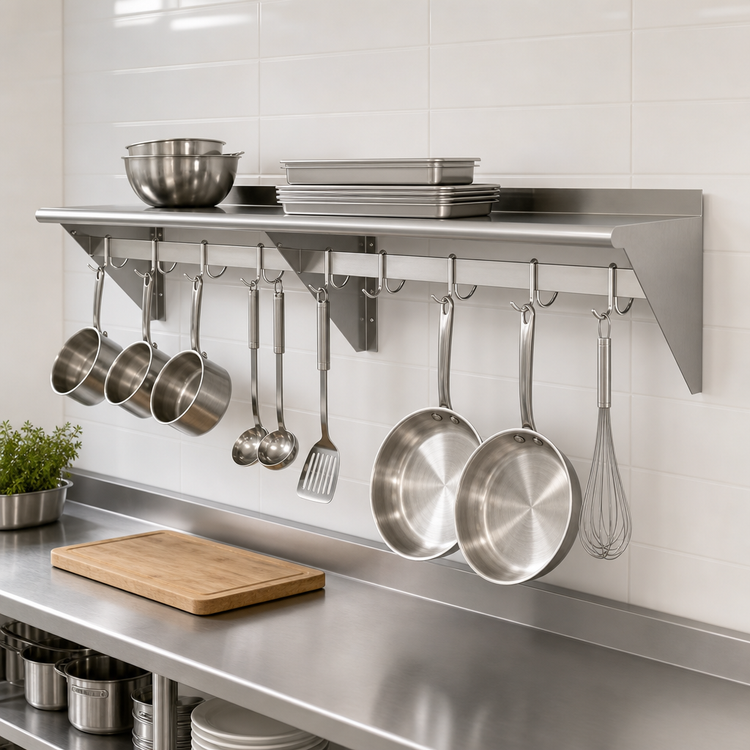 Product image #3 for Sapphire Wall-Mounted Overshelf with Pot Rack, 72 Inch W x 15 Inch D, 9 Double Hooks