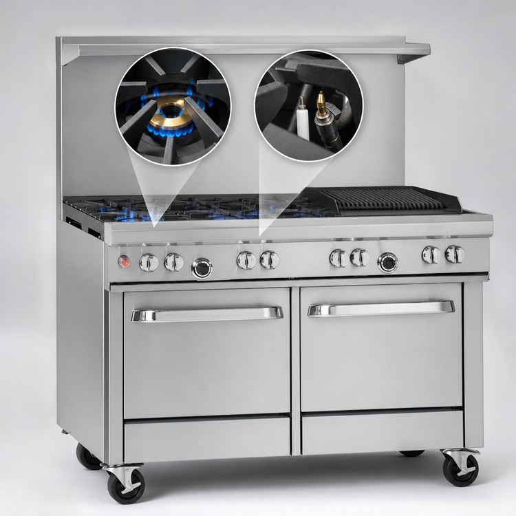 Product image #3 for Southbend Ultimate 48-Inch Gas Restaurant Range with 2 Non-Clog Burners, 36-Inch Charbroiler, and 2 Space Saver Ovens