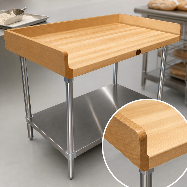 Product image #3 for Advance Tabco Bakers' Work Table with 1-3/4 Inch Wood Top, Rear and Side Splash, and Adjustable Undershelf, 84 x 30 Inches