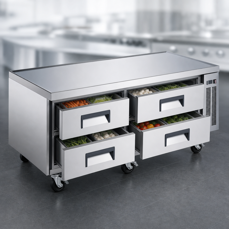 Product image #3 for Hurakan by Equip.me 72-Inch 4-Drawer Chef Base Refrigerator, Stainless Steel, Self-Contained Side-Mounted