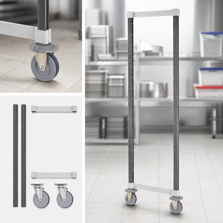 Product image #3 for Cambro Camshelving Elements XTRA High Density Mobile Post Kit, 21-1/2"W x 64"H, Speckled Gray