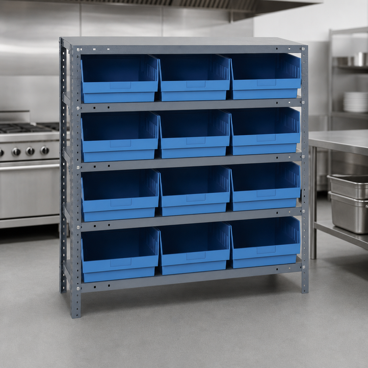 Product image #3 for Quantum Heavy-Duty Stationary Wire Shelving Unit, 36" W x 12" D x 39" H, 5 Shelves, 12 Bins Included