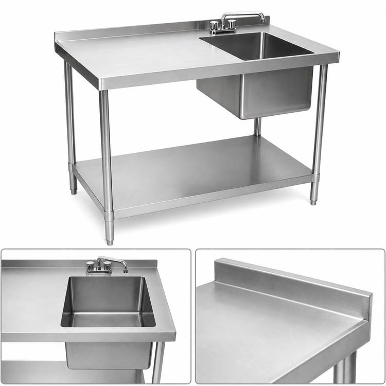 Product image #3 for 48-Inch x 24-Inch Stainless Steel Prep Sink Work Table with Right-Side Sink, Marine Edge, and Undershelf