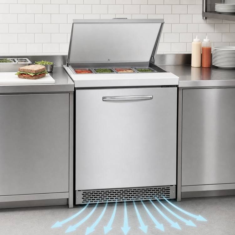 Product image #3 for Continental Mighty Top 27-1/2-Inch Front-Breathing Sandwich Prep Refrigerator with Solid Door, 12-Pan, 7.4 Cu. Ft.