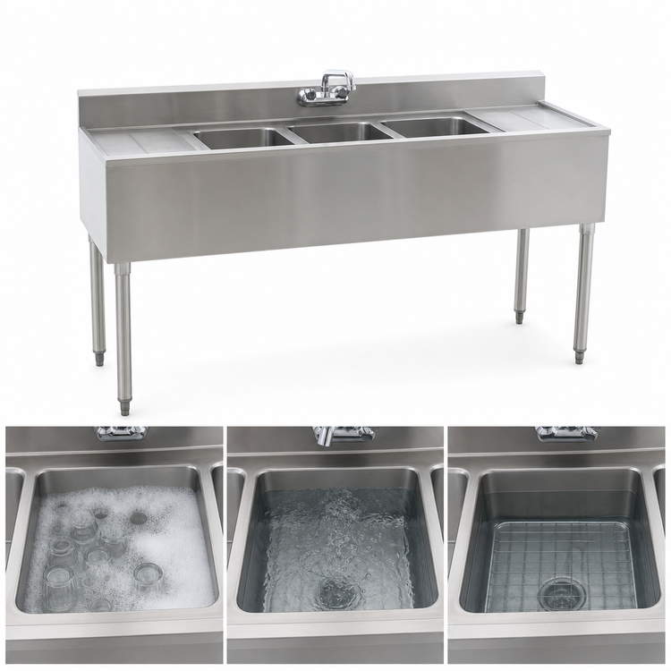 Product image #3 for Eagle Group 1800 Series 3-Compartment 304 Stainless Steel Underbar Sink Unit with Left and Right Drainboards, 72" W