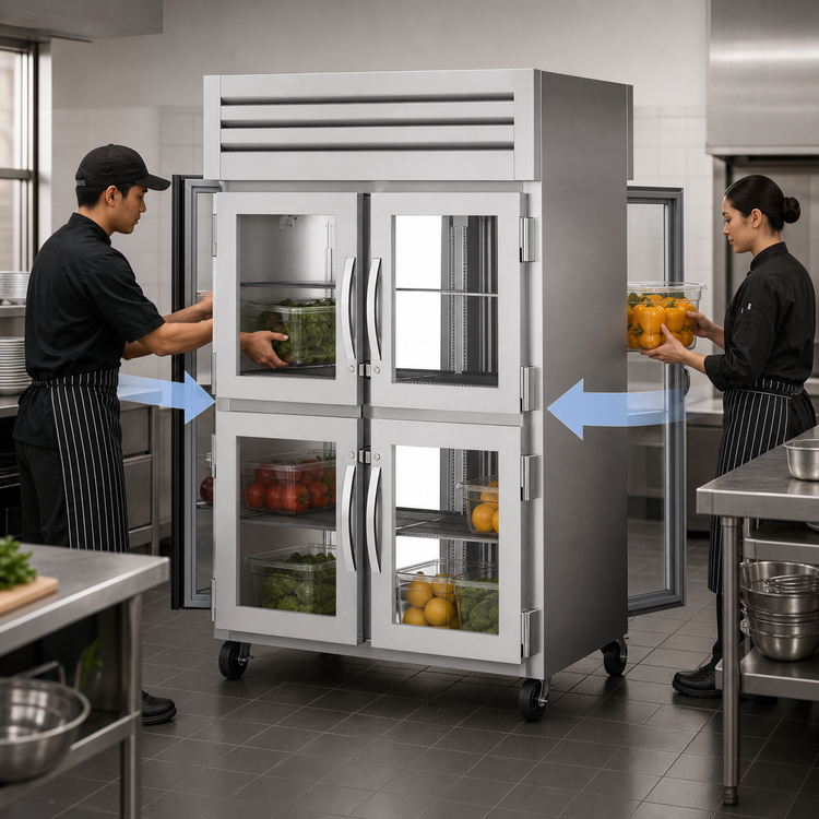 Product image #3 for SPEC SERIES Two-Section Pass-Thru Reach-In Refrigerator with 4 Front Glass Half Doors and 2 Rear Glass Doors