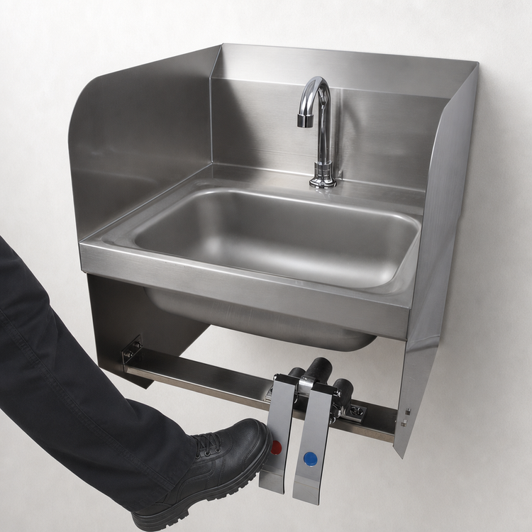 Product image #3 for BK Resources 14" x 10" Wall-Mount Hand Sink Package with Knee Valve, Dual Side Splash, and Lead-Free Gooseneck Faucet