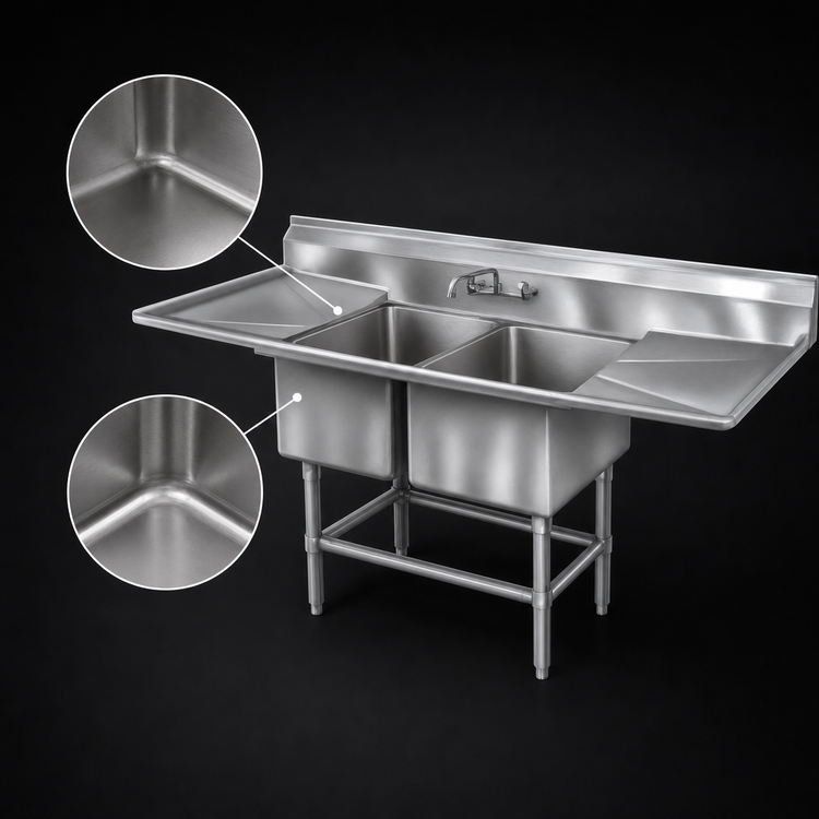 Product image #3 for Eagle Spec-Master FN Series Coved Corner Two-Compartment Commercial Sink with Right Drainboard, 59-1/2 Inch W x 27 Inch D, 14 Gauge Stainless Steel