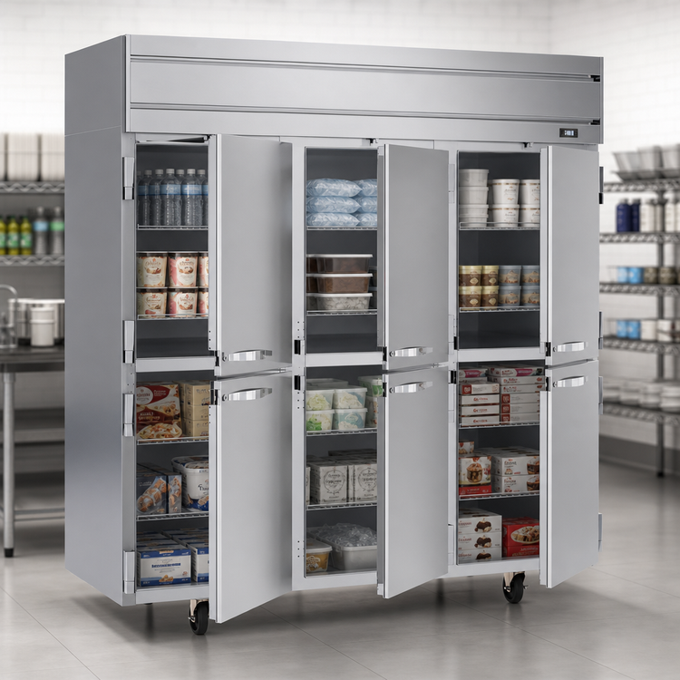 Product image #3 for Beverage-Air Horizon Series Three-Section Reach-In Freezer with Half Solid Doors, 69.1 Cu. Ft., Top-Mounted Self-Contained