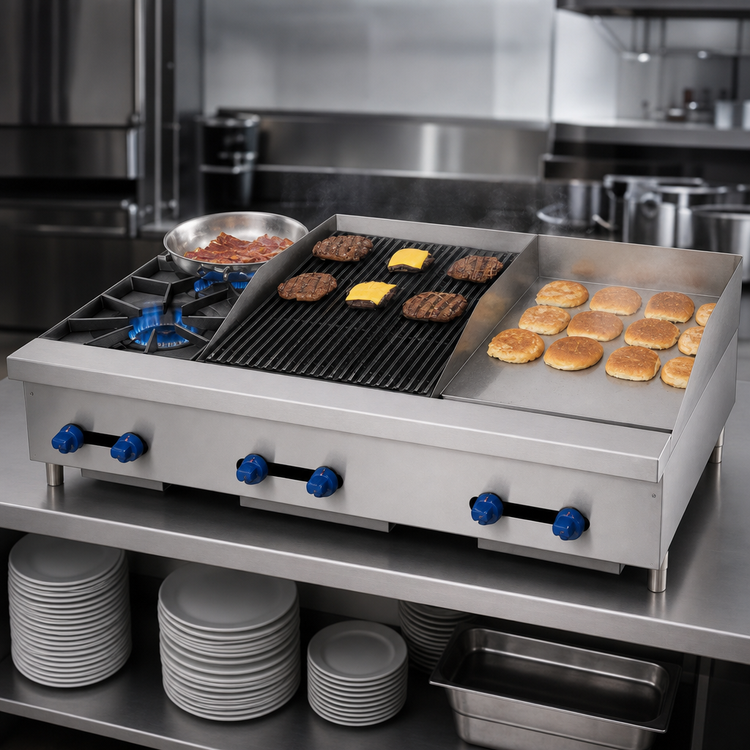 Product image #3 for Comstock-Castle 48-Inch Countertop Gas Hotplate/Griddle/Lava Rock Broiler Combination