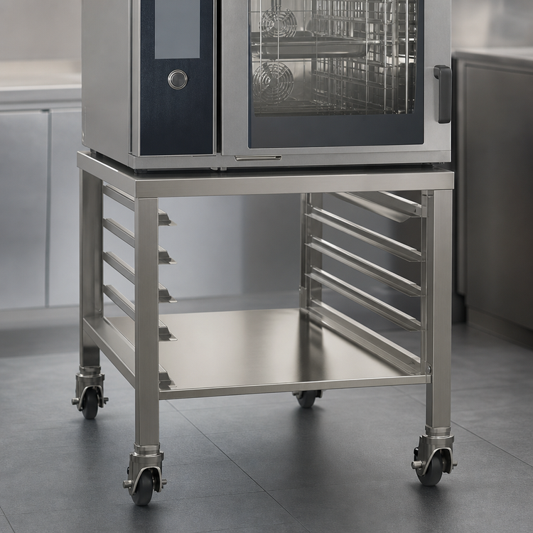 Product image #2 for Alto-Shaam Vector H Stainless Steel Open-Base Equipment Stand with Casters, Lower Shelf, and Side Racks
