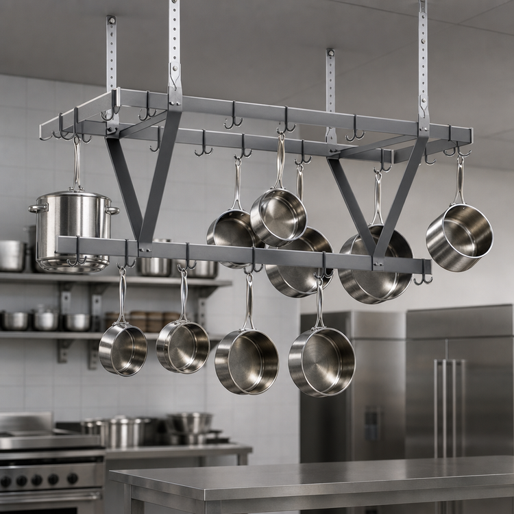 Product image #3 for Eagle Group Triple-Bar Ceiling-Mounted Aluminum Pot Rack with 12 Double-Pronged Hooks
