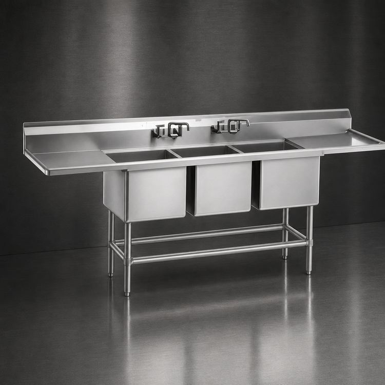 Product image #3 for Eagle Group Spec-Master Three-Compartment Freestanding Sink, 69" W x 35" D, 14 Gauge Stainless Steel, No Drainboards