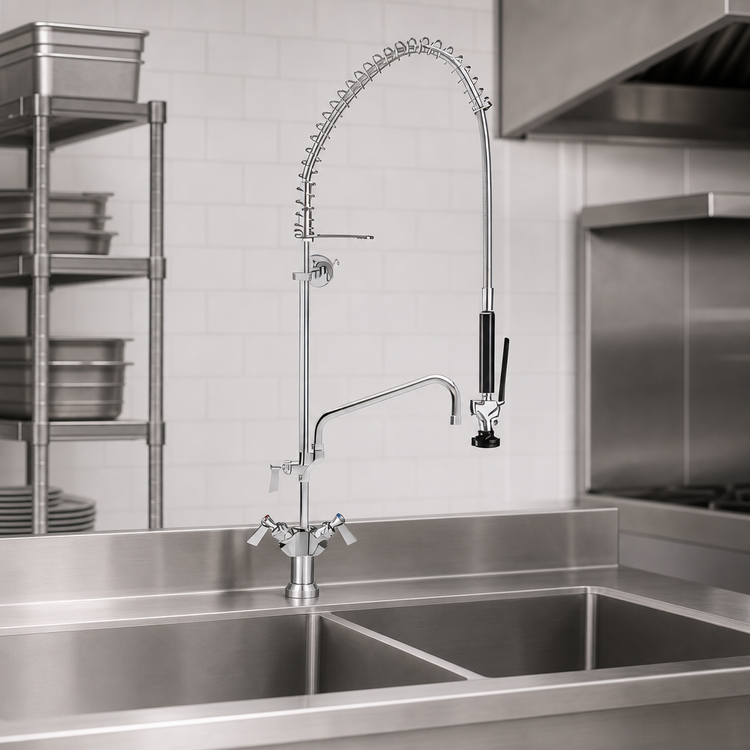 Product image #3 for Fisher Deck-Mount Dual-Control Pre-Rinse Unit with Spring-Action Flexible Gooseneck and 6-Inch Add-On Faucet Spout