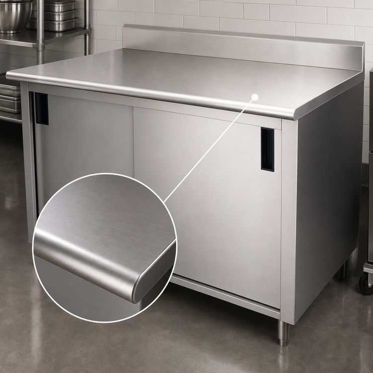 Product image #3 for Advance Tabco Special Value 60" x 24" Enclosed Work Table with 16-Gauge 304 Stainless Steel Top, Cabinet Base, Sliding Doors, and 5" Backsplash