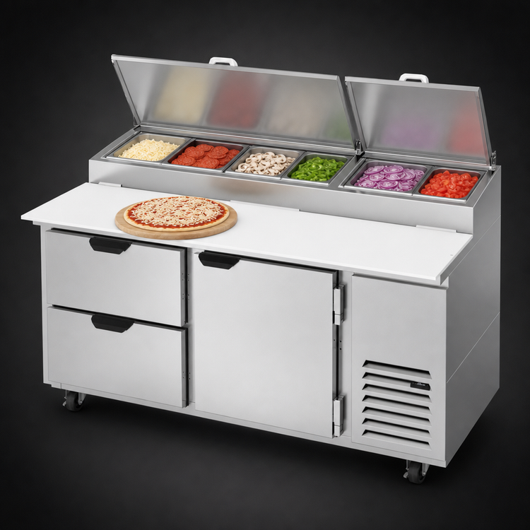 Product image #3 for Beverage-Air DPD67HC-2 Two-Section Pizza Top Refrigerated Counter with 2 Drawers and 1 Door, 67 Inch