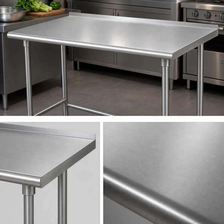 Product image #3 for Advance Tabco TSFG-3010 120-Inch x 30-Inch Open Base Stainless Steel Work Table with 16-Gauge 430 Top and 1-1/2-Inch Rear Backsplash