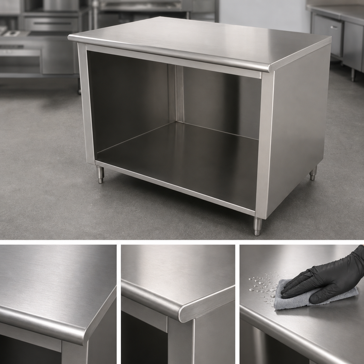 Product image #3 for Advance Tabco 96" x 36" Open Front Cabinet Base Work Table with 14-Gauge 304 Stainless Steel Top