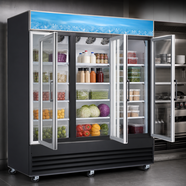 Product image #3 for Omcan USA Three-Section Reach-In Glass Door Merchandiser Refrigerator, 53 Cu. Ft., Bottom-Mount Self-Contained, Black