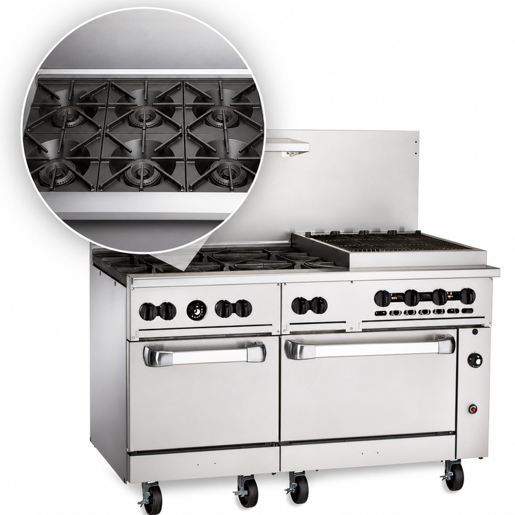 Product image #3 for Vulcan Endurance 60-Inch Natural Gas Commercial Gas Restaurant Range with 6 Open Burners, 24-Inch Charbroiler, Standard Oven and Convection Oven