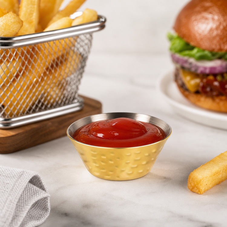 Product image #4 for American Metalcraft 1.5 oz Round Hammered Gold Stainless Steel Sauce Cup