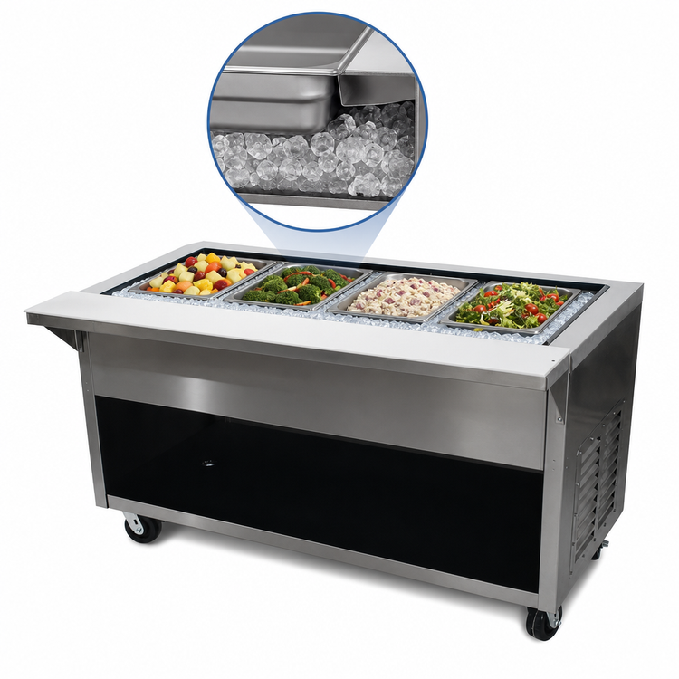 Product image #3 for Heavy Duty Ice-Cooled 4-Pan Serving Counter with Enclosed Stainless Steel Base, 62-1/2 Inches Wide