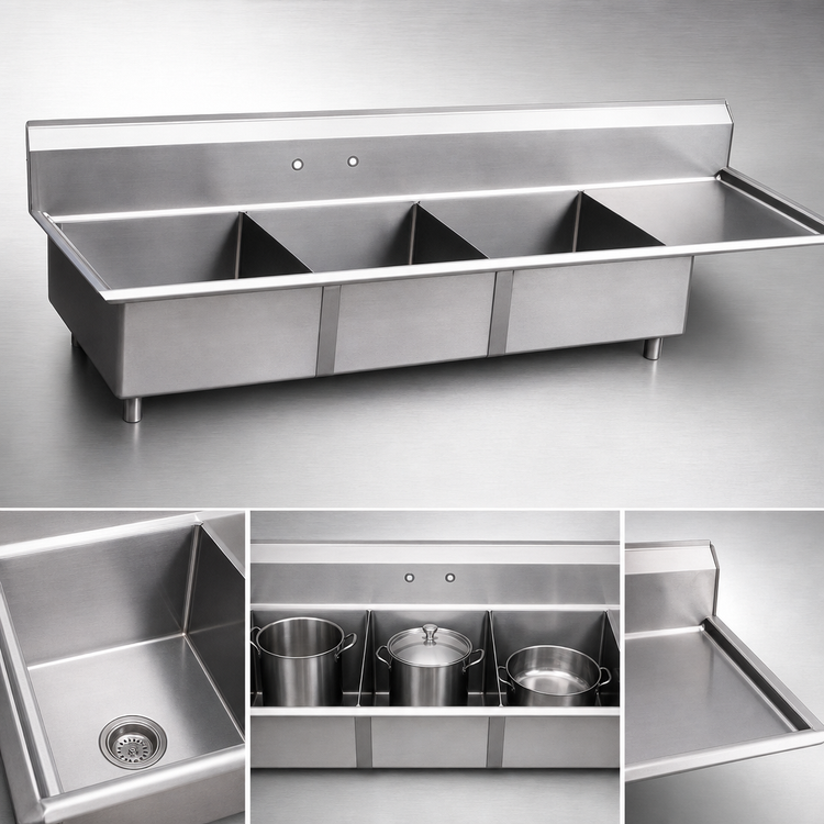 Product image #3 for 3-Compartment Pot Sink with Right-Hand Drainboard, 18-Gauge 304 Stainless Steel