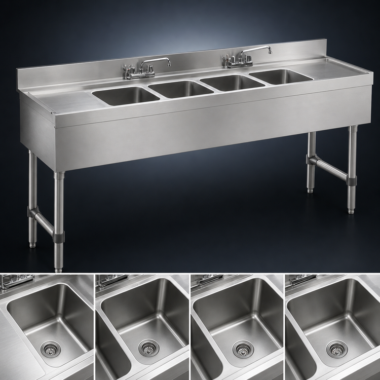 Product image #3 for Advance Tabco Underbar Basics 4-Compartment Stainless Steel Deck-Mount Bar Sink with Dual 18-Inch Drainboards, 84 Inch