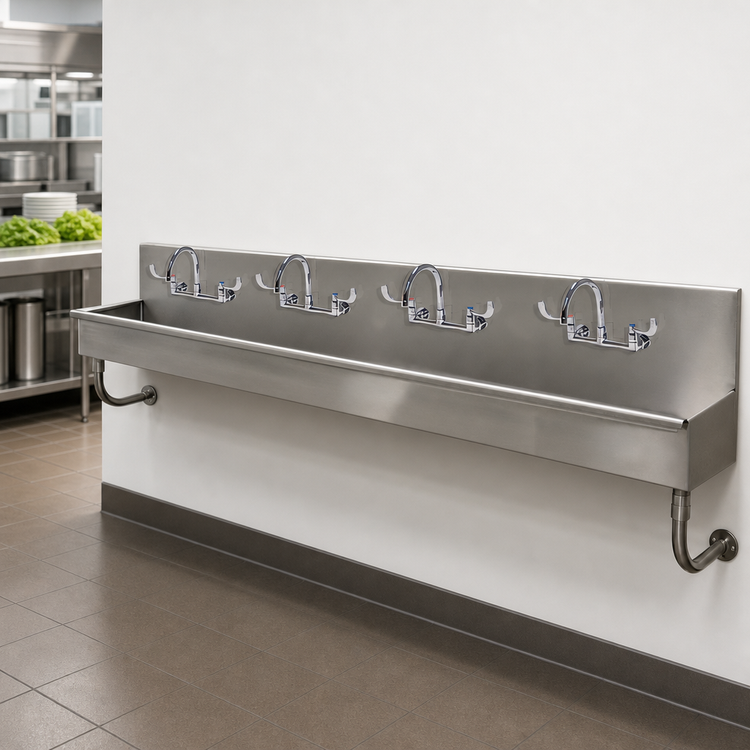 Product image #3 for Advance Tabco Multiwash 4-Station Wall-Mounted ADA Hand Wash Sink with 4 Wrist-Handle Faucets, 80-Inch Wide