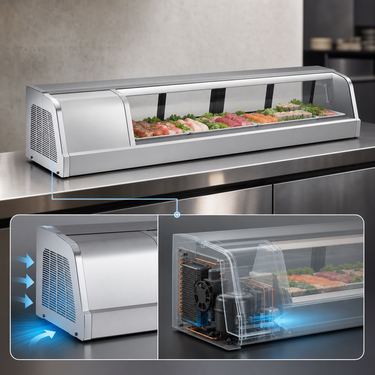 Product image #3 for Turbo Air Self-Contained Refrigerated Sushi Display Case, 59-3/4-Inch Wide, Left Compressor, 4 Sliding Glass Doors
