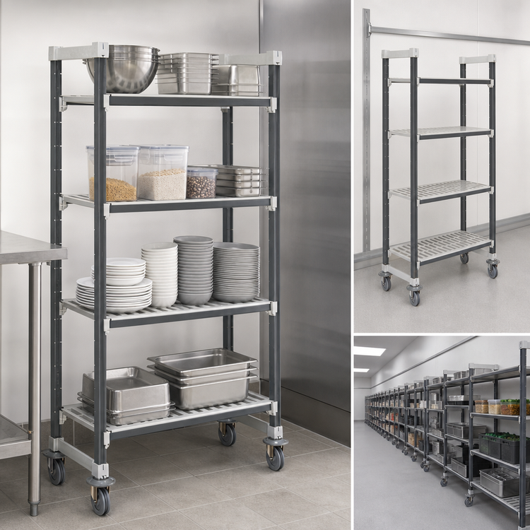 Product image #3 for Cambro Camshelving Elements XTRA High Density Mobile Starter Unit, 21 x 42 x 78-1/4 In., 4-Tier Vented Shelving, Speckled Gray