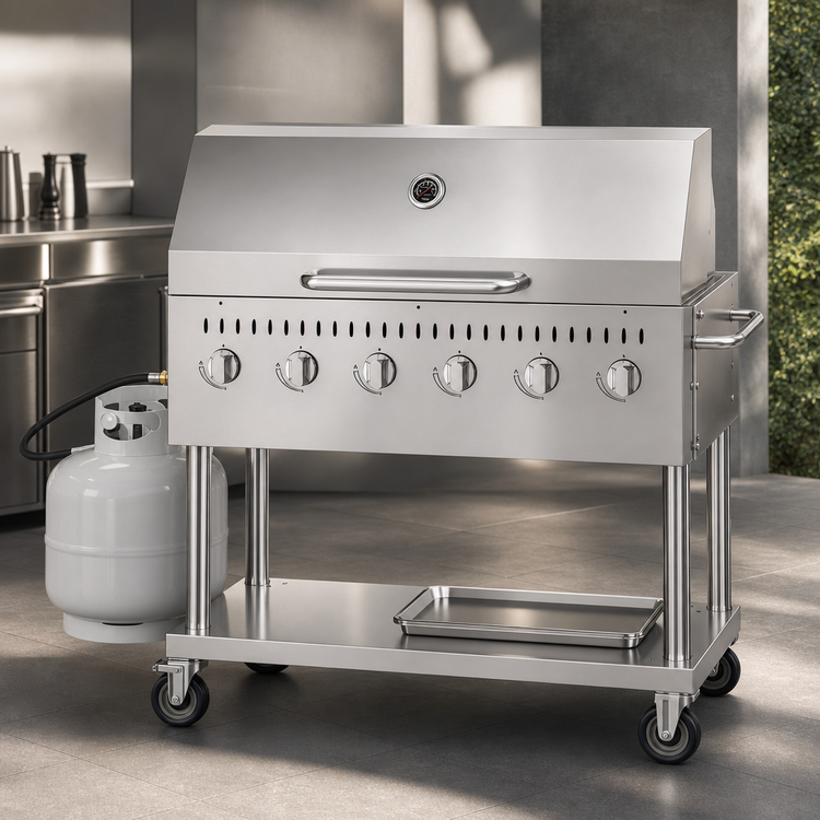 Product image #3 for 48-Inch 6-Burner Mobile Commercial Outdoor Propane Gas Grill with Roll Dome Cover