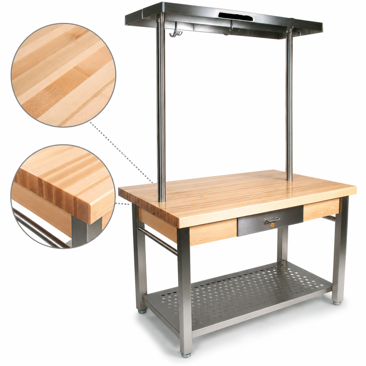Product image #4 for John Boos Cucina Grande 48 Inch x 36 Inch Maple Top Work Table with Stainless Steel Undershelf, Drawer, and Towel Bars