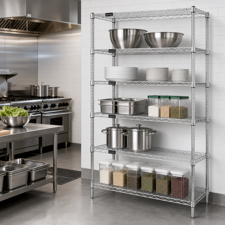 Product image #3 for Quantum Stationary Wire Shelving Starter Kit, 54"W x 21"D x 63"H, 5 Shelves, 304 Stainless Steel