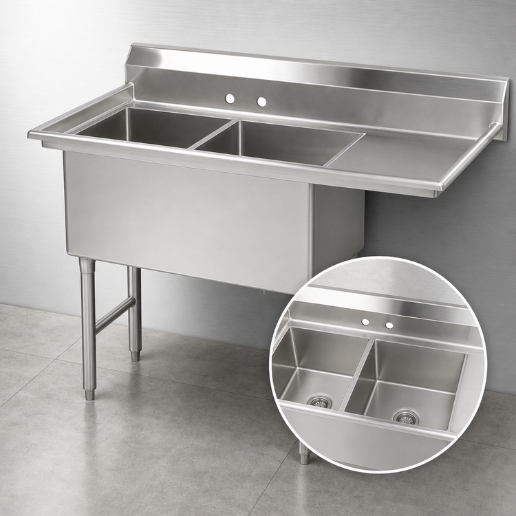 Product image #3 for Advance Tabco Special Value Series 2-Compartment Fabricated Stainless Steel Sink with Right Drainboard, 18" x 18" x 14" Bowls
