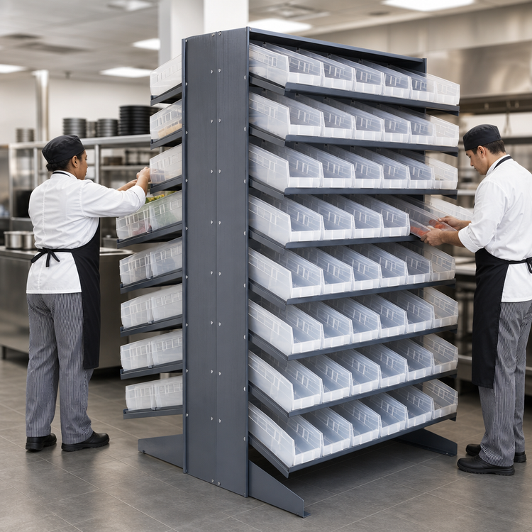 Product image #3 for Quantum Sloped Double-Sided Pick Rack with 16 Shelves and 80 Clear Bins