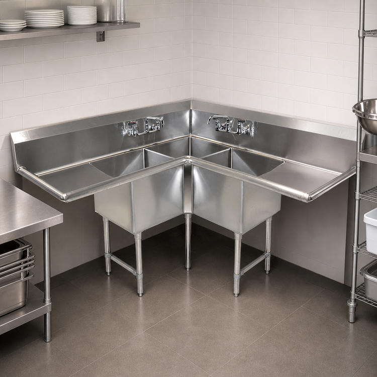 Product image #3 for BK Resources Corner 3-Compartment Stainless Steel Sink with Dual Drainboards, 57 x 57 x 43-1/2 Inches