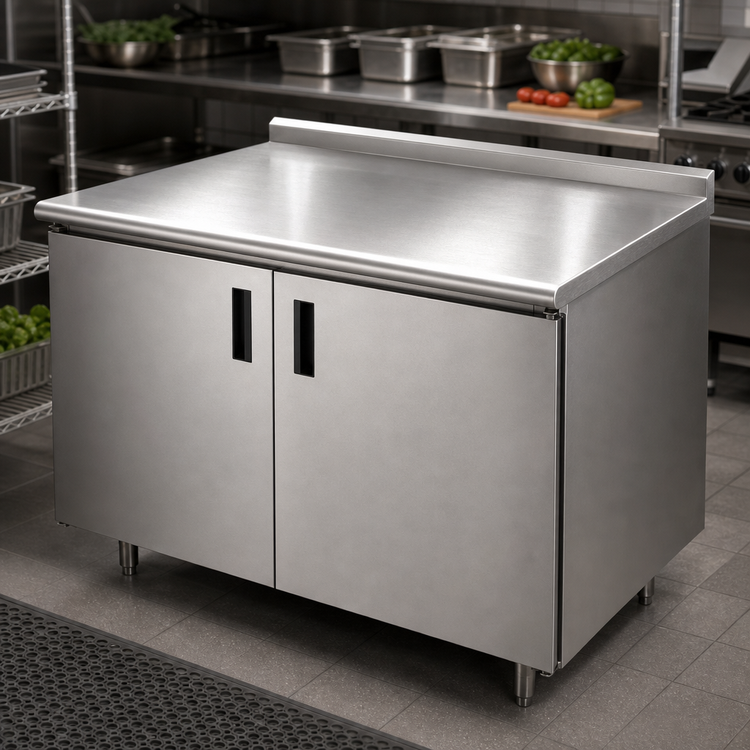 Product image #3 for Advance Tabco 144-Inch x 24-Inch Enclosed Work Table with Cabinet Base, Mid-Shelf, Hinged Doors, and 1-1/2-Inch Rear Up-Turn