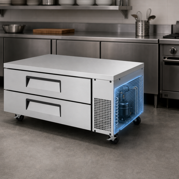 Product image #3 for Turbo Air Super Deluxe 52-1/4-Inch Wide 2-Drawer Chef Base Refrigerator, Self-Contained Side-Mounted Refrigeration, Stainless Steel, 9.1 Cu. Ft.