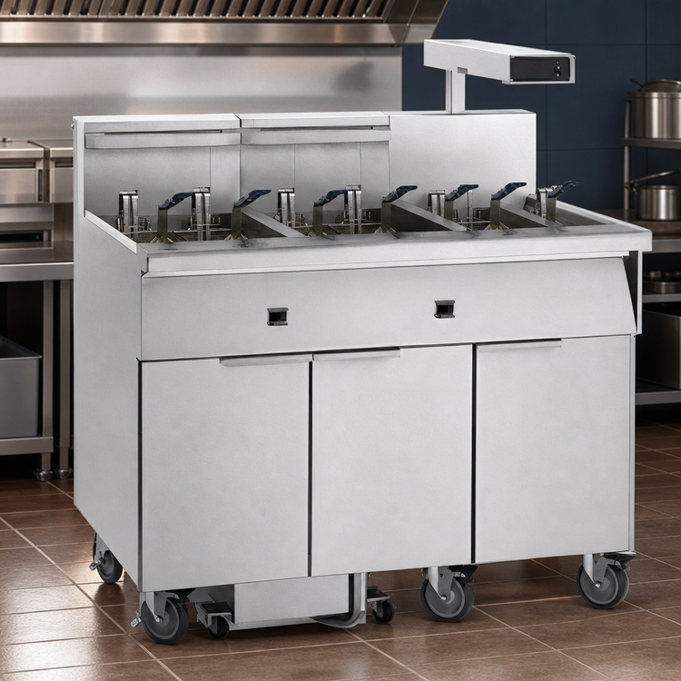 Product image #3 for Imperial 6-Tank Electric Floor Model Fryer with Built-In Filter System and Dump Station, 75 lb. Capacity per Tank