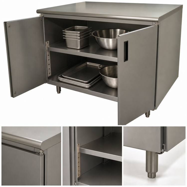 Product image #3 for Advance Tabco Special Value Series Enclosed Work Table with Cabinet Base, Mid-Shelf and Hinged Doors, 36 x 24, 16-Gauge 304 Stainless Steel Top