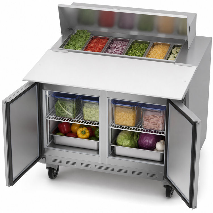 Product image #4 for Beverage-Air SPE36HC-08C Two-Section 36-Inch Sandwich Prep Table Refrigerator, 8-Pan Top
