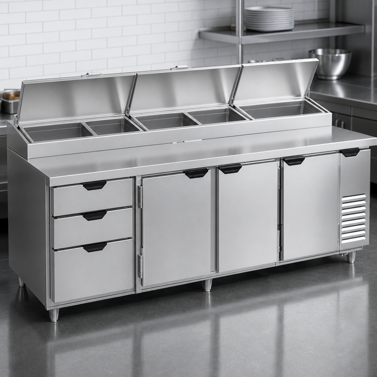Product image #3 for Beverage-Air DPD119HC-3 Four-Section Refrigerated Deli/Pizza Prep Table with 3 Doors and 3 Drawers