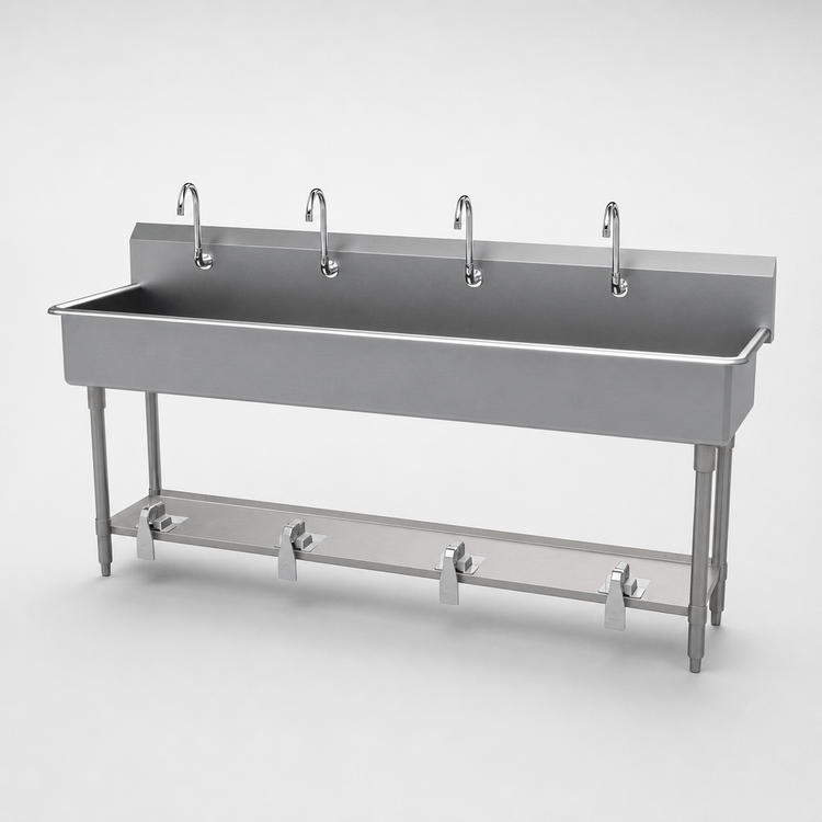 Product image #3 for Advance Tabco Four-Station Freestanding Hand Wash Sink with Toe-Push Valves and Gooseneck Spouts, 80 Inch, 16 Gauge 304 Stainless Steel