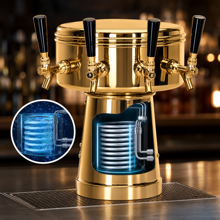 Product image #3 for Micro Matic Mushroom 4-Faucet Countertop Glycol-Cooled Draft Beer Tower, 12-Inch Diameter, Polished Brass Finish